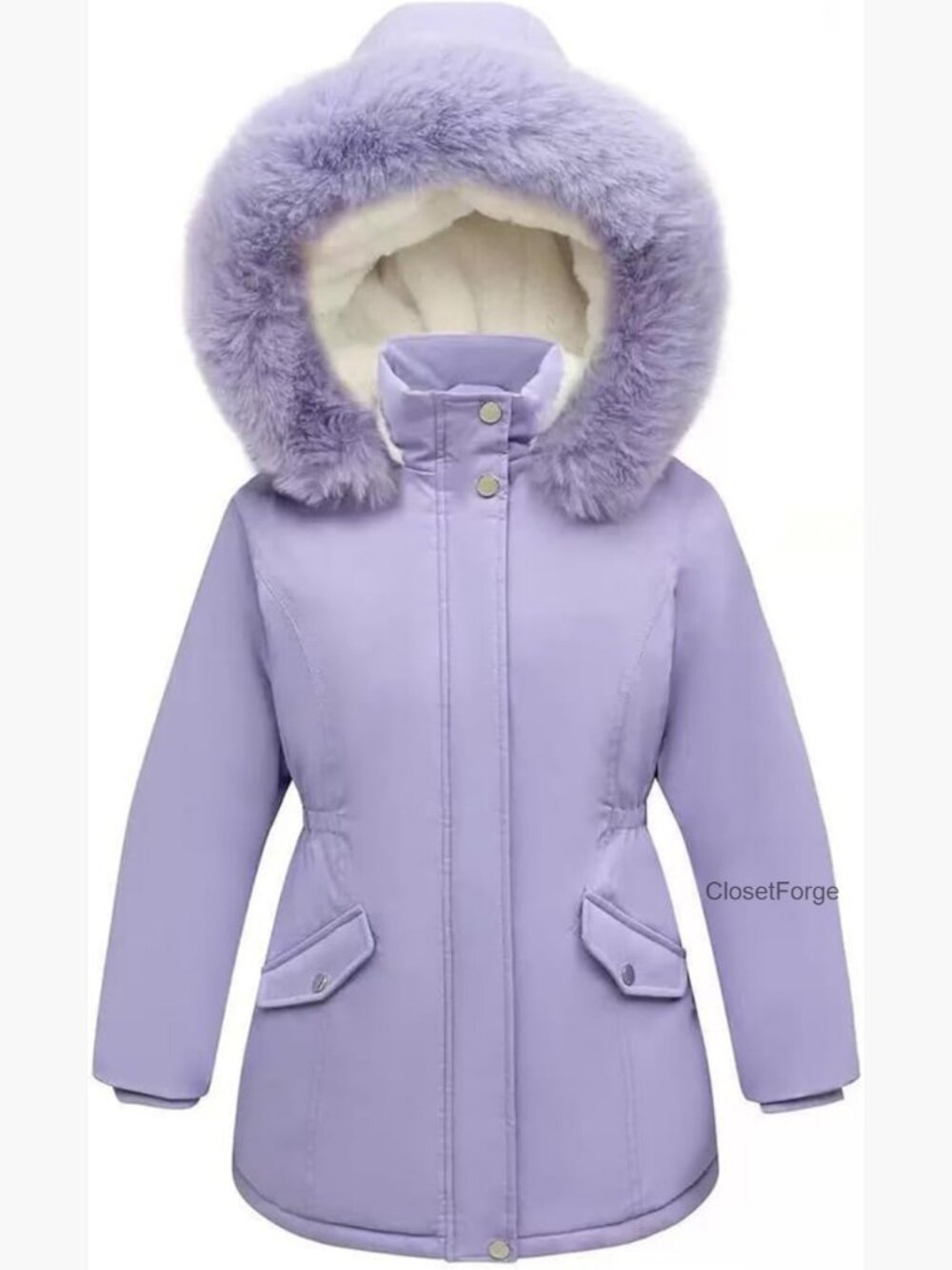 Girls Winter Puffer Jacket with Faux Fur Hood Waterproof Fleece Lined